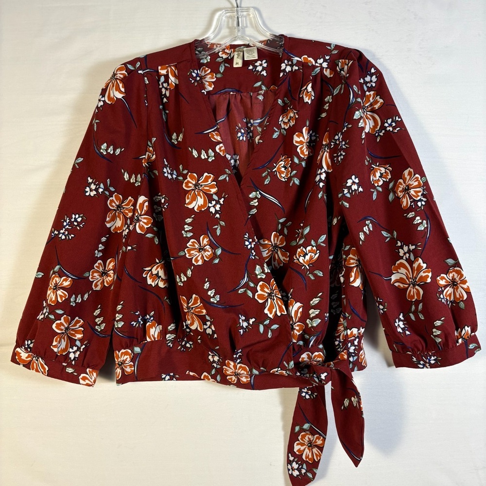 Japna Maroon Floral 3/4 Sleeve Wrap Front Tied Blouse Size Small